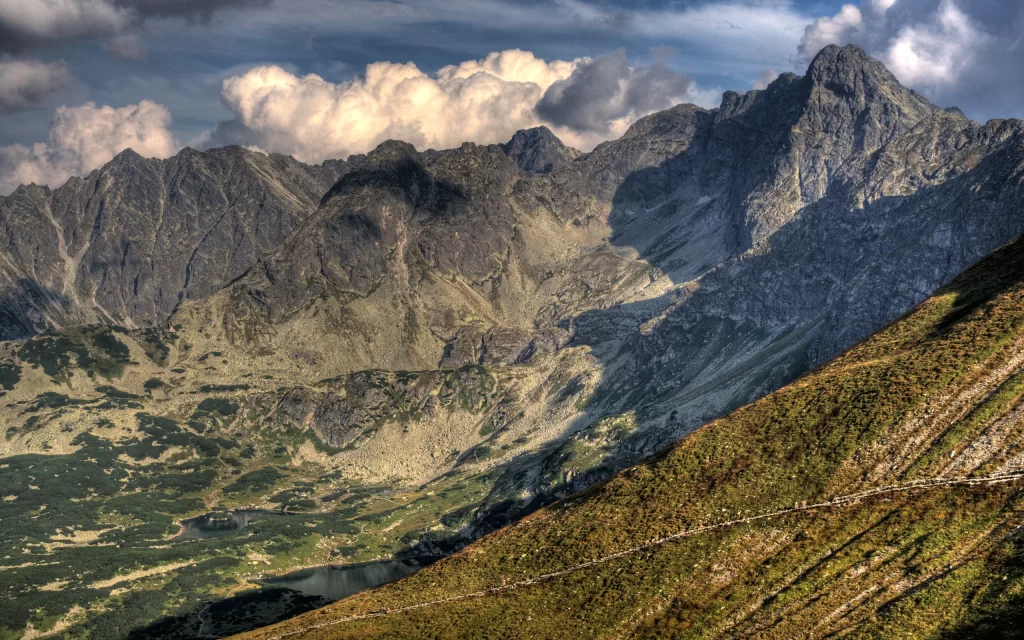 Mountain Peaks Clouds Valley Greenery Sunlight Shadows