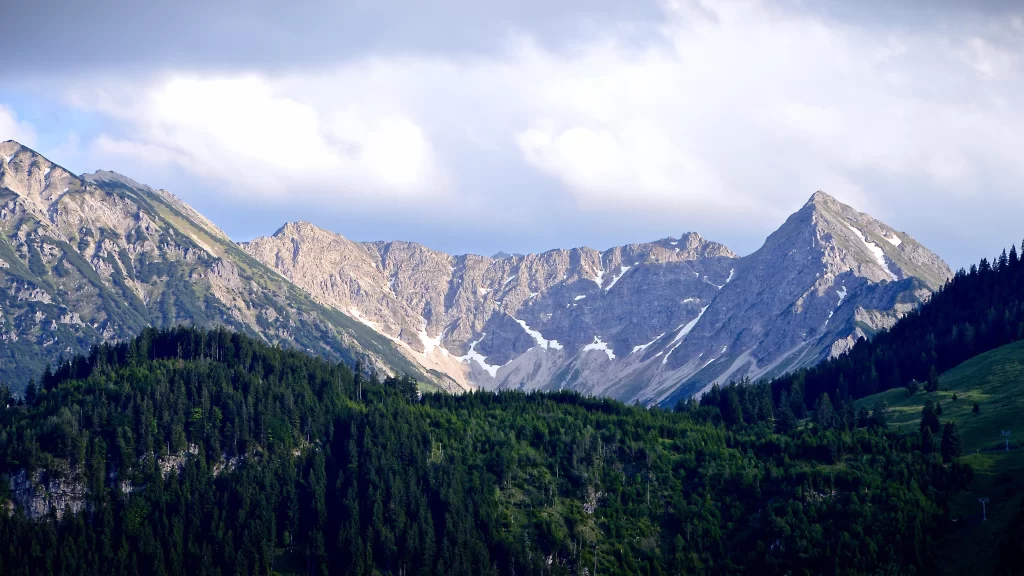 Mountain Peaks Forest Clouds Sky Snow