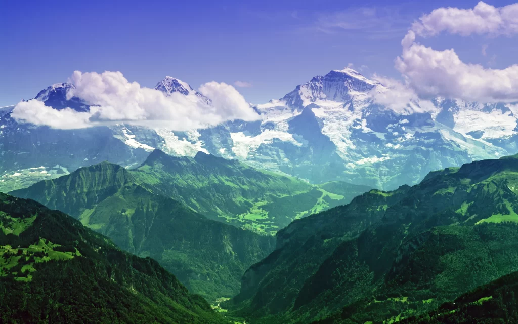Mountain Peaks Snow Clouds Green Valley Blue Sky