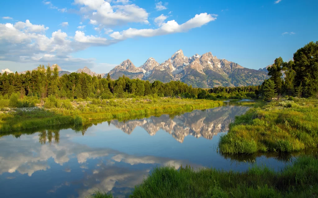 Mountain Range Clear Sky Reflective Water Greenery Forest Scenic Landscape