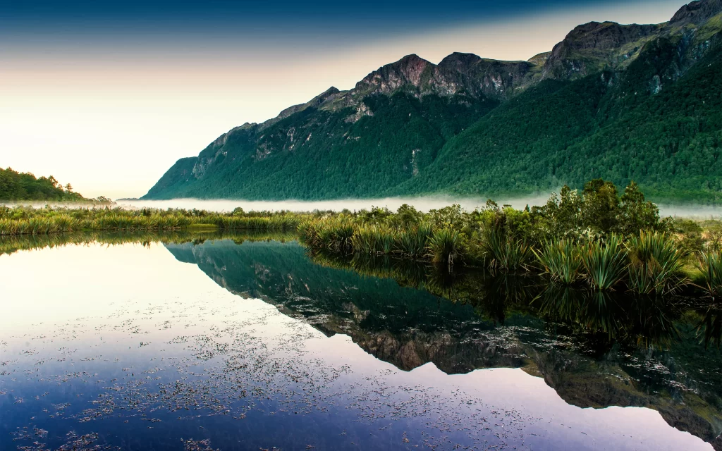 Mountain Range Reflection Lake Misty Dawn Nature