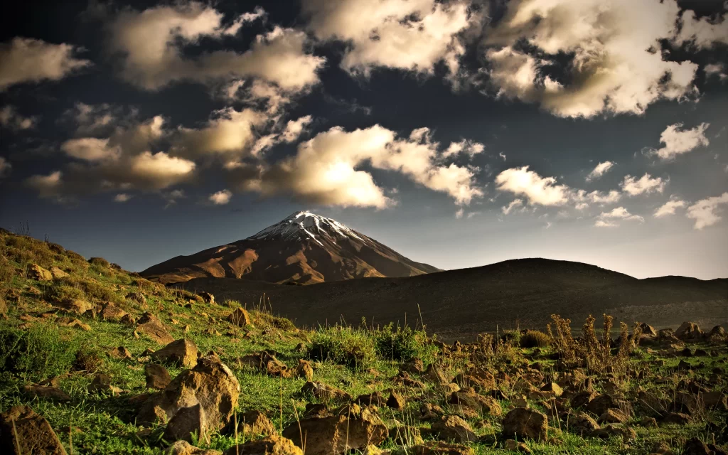 Mountain Snow Peaks Clouds Greenery Rocks