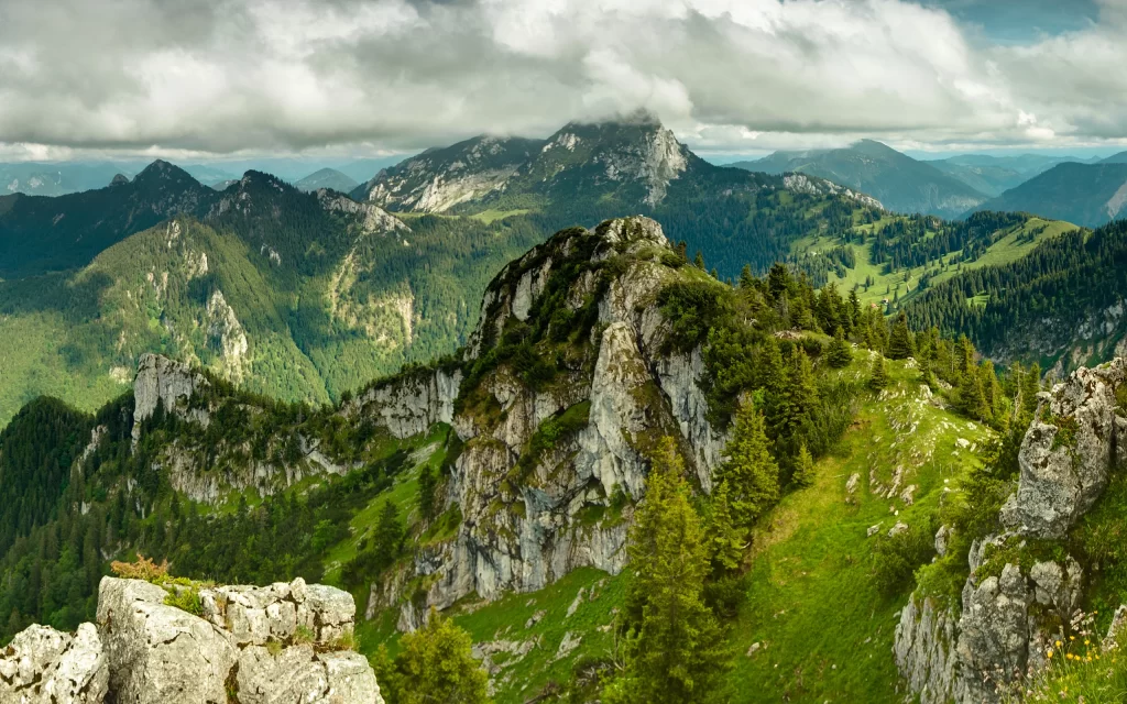Mountainous Landscape Greenery Clouds Forest Rocky Peaks Scenic
