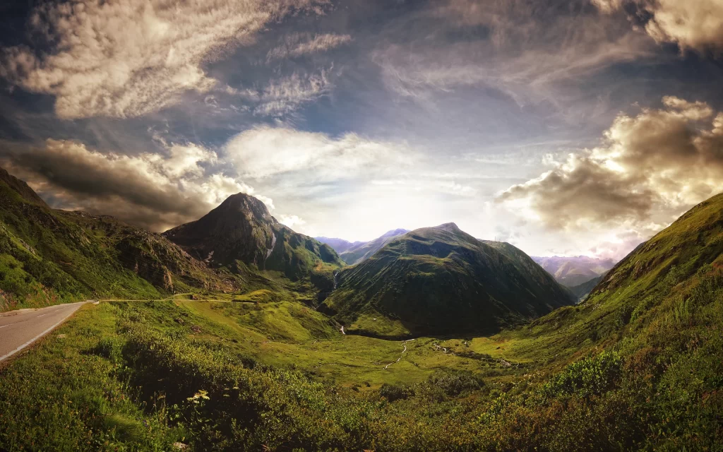 Mountainous Landscape Greenery Clouds Road Valley