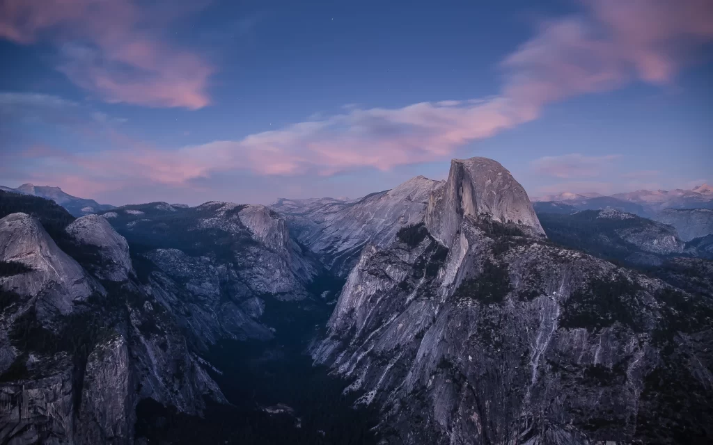 Mountainous Landscape Twilight Sky Pink Clouds Granite Peaks Valley Natural Beauty