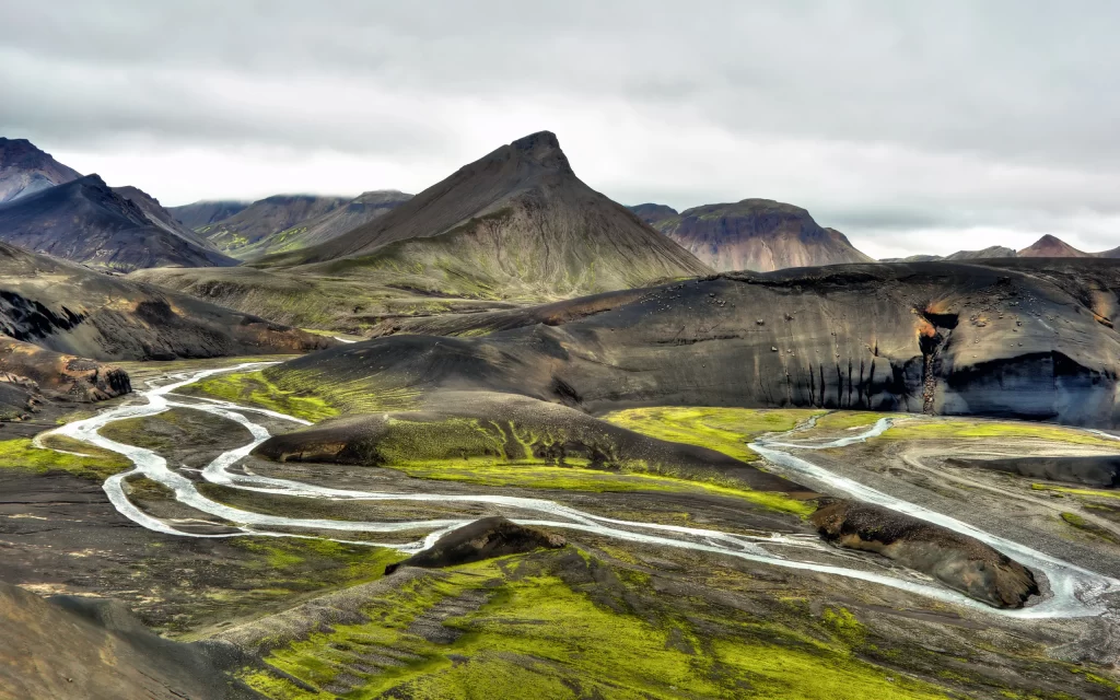 Mountainous Terrain River Valley Greenery Majestic Sky