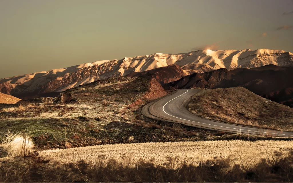 Mountainous Terrain Road Snow Peaks Sunset Landscape