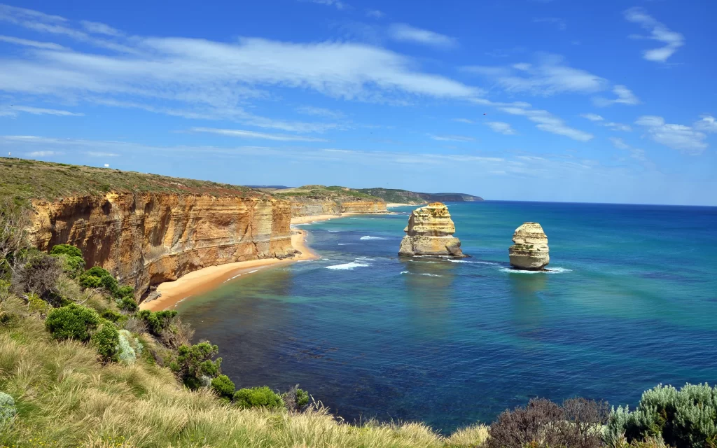 Ocean Cliffs Beach Rock Formations Blue Sky Greenery