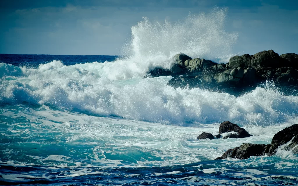 Ocean Waves Rocks Blue Sky White Foam