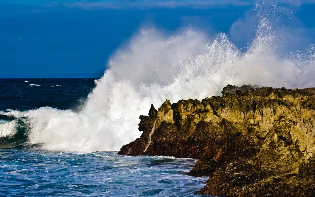 Ocean Waves Rocky Shoreline Blue Sky White Foam Nature