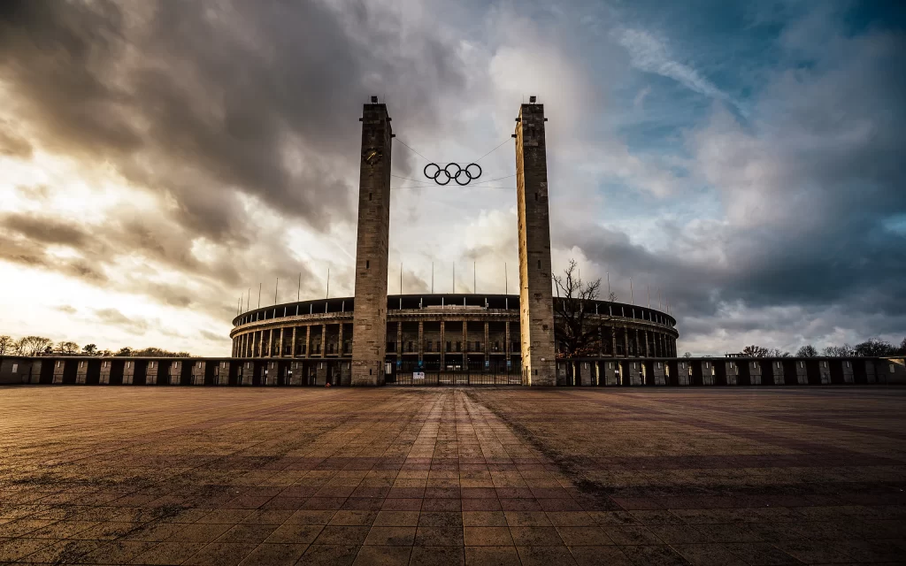 Olympic Rings Stadium Architecture Cloudy Sky Tower