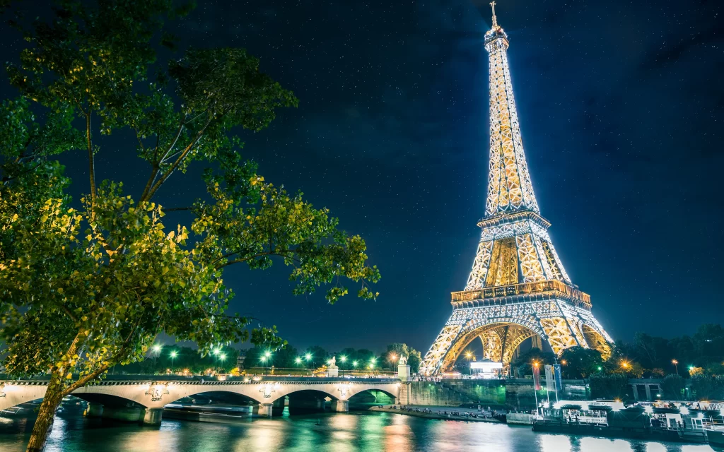 Paris Eiffel Tower Night Lights River Bridge