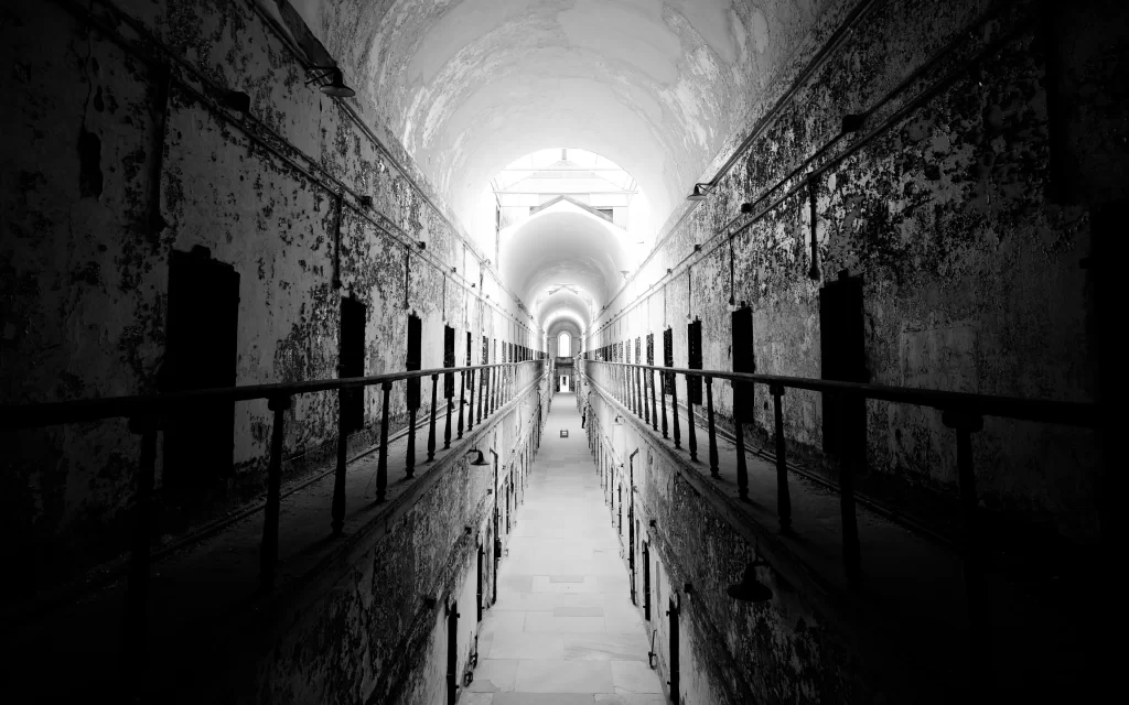 Prison Hallway Desolate Dim Light Rustic Walls Barred Windows