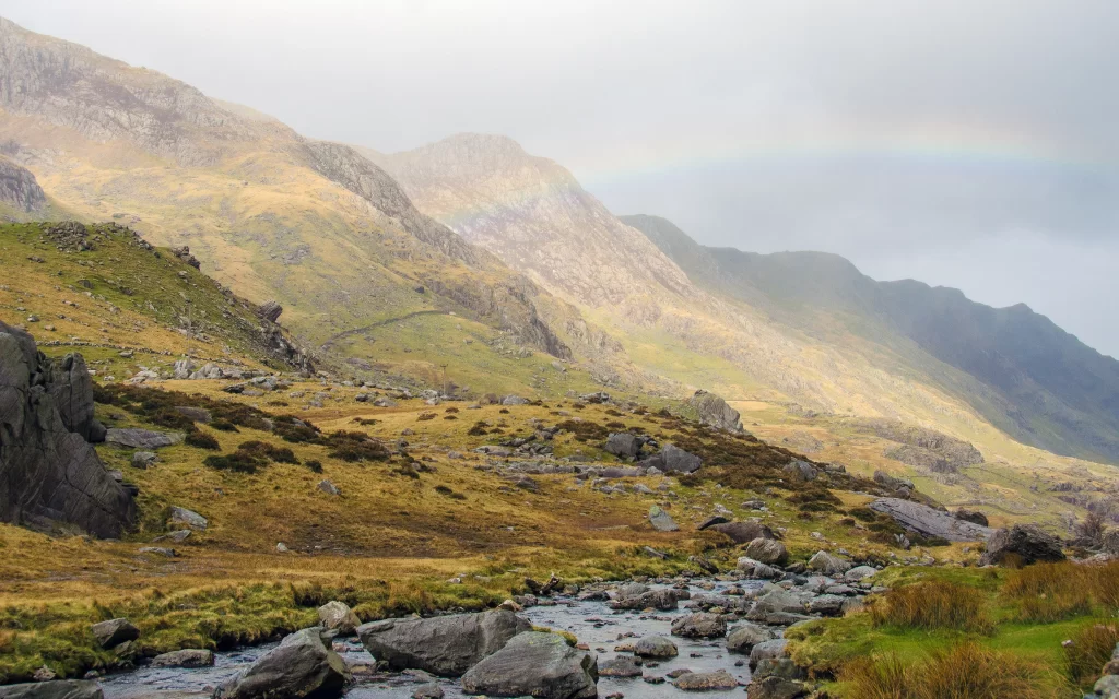 Rainbow Mountain Stream Rocks Misty