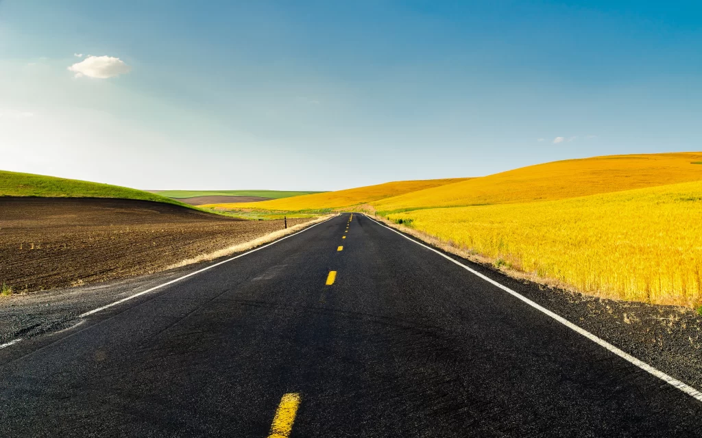 Road Fields Hills Blue Sky Yellow