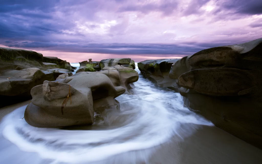 Rocks Ocean Waves Clouds Sunset Purple Sky