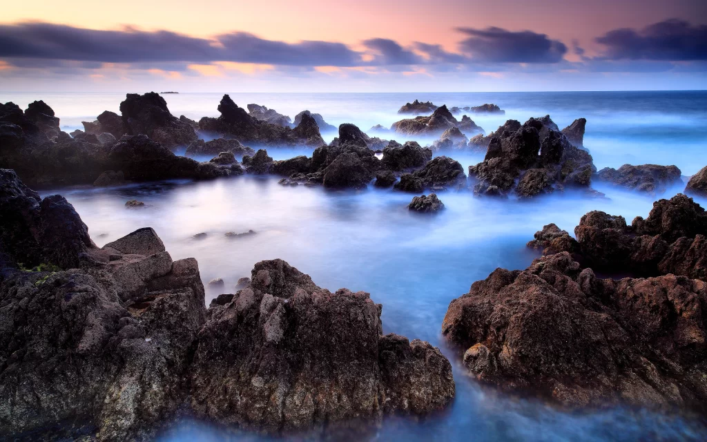 Rocks Ocean Waves Sunset Sky Clouds