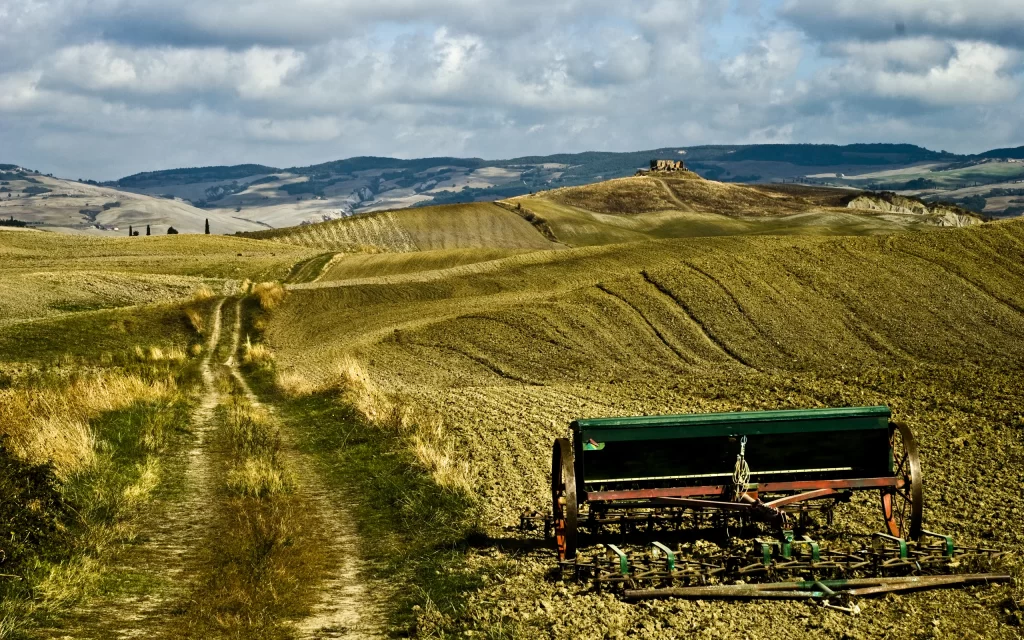 Rural Landscape Rolling Hills Pathway Agricultural Equipment Nature