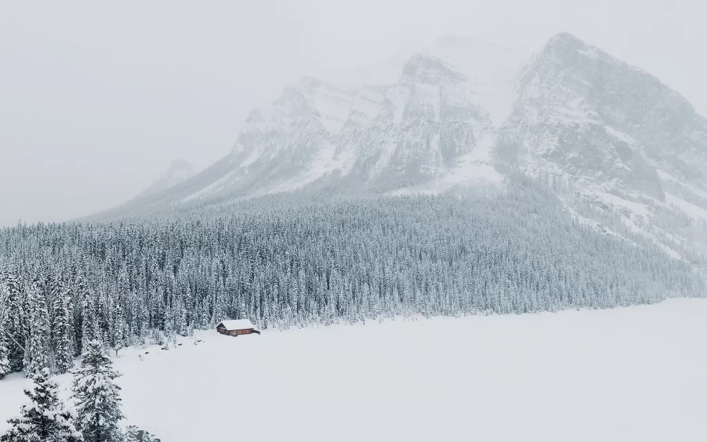 Snowy Mountain Forest Cabin Winter Landscape