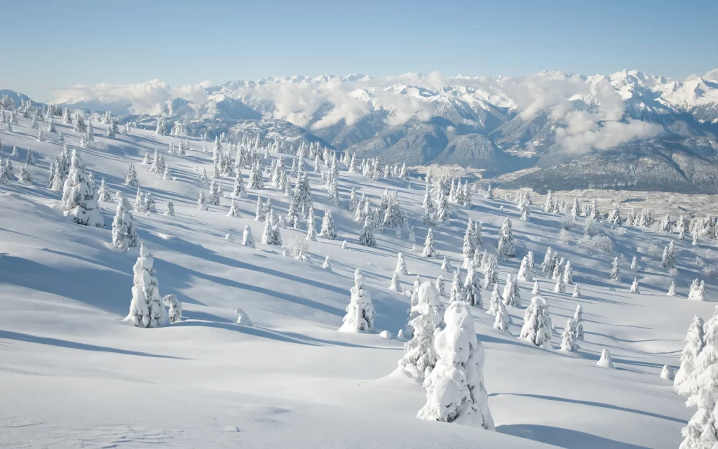 Snowy Mountain Landscape Trees Clouds Blue Sky