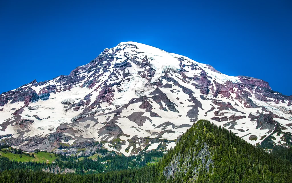 Snowy Mountain Peaks Clear Sky Forest Greenery Majestic Landscape