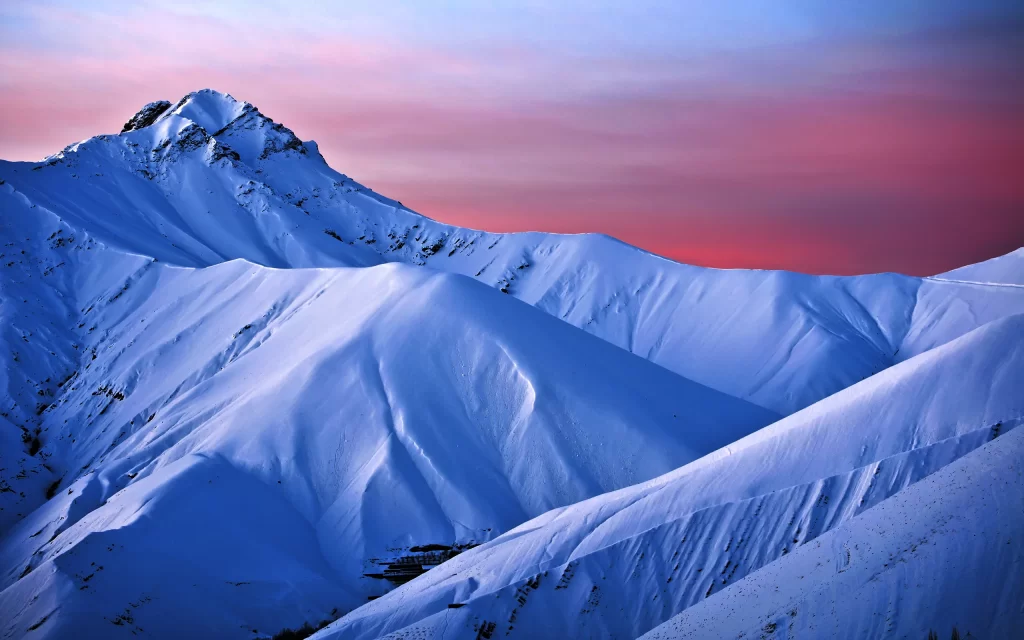 Snowy Mountain Peaks Sunset Sky Pink Blue