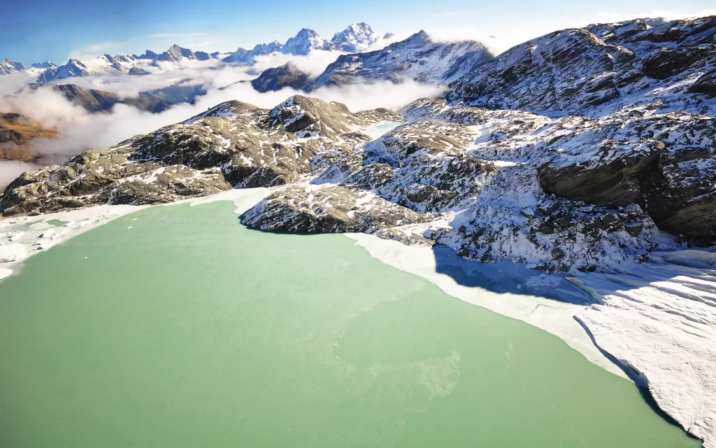 Snowy Mountains Lake Ice Blue Sky Clouds
