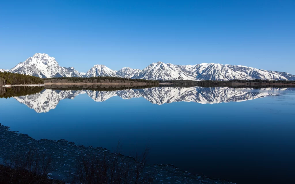 Snowy Mountains Lake Reflection Clear Sky Tranquil Nature