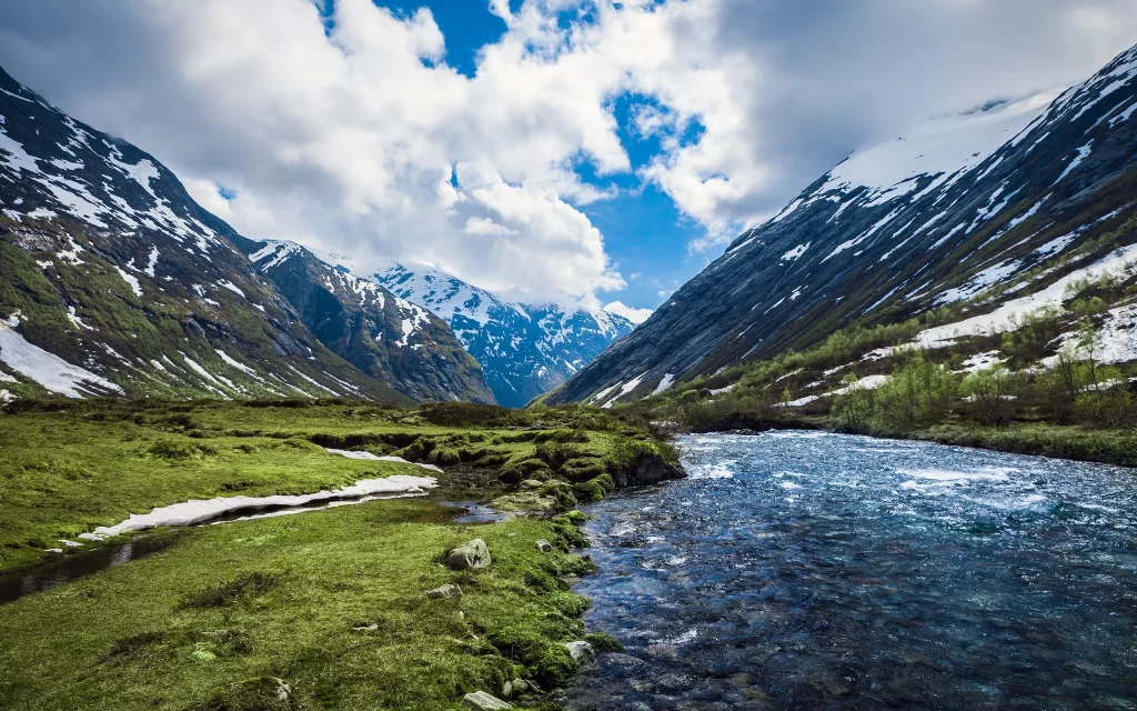 Snowy Mountains River Valley Greenery Clouds Blue Sky