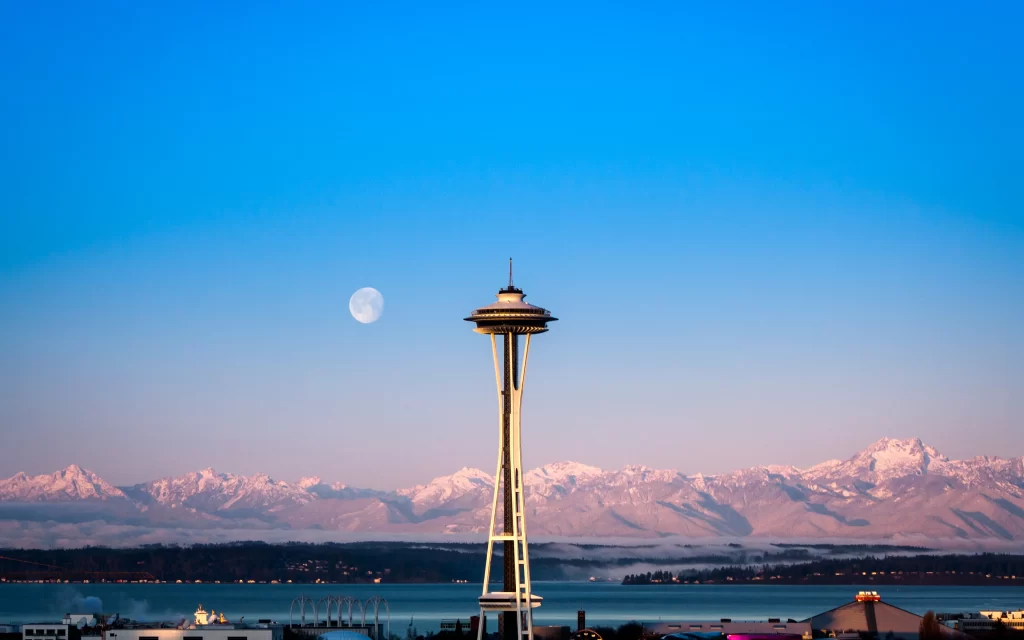 Space Needle Moon Mountains Cityscape Blue Sky