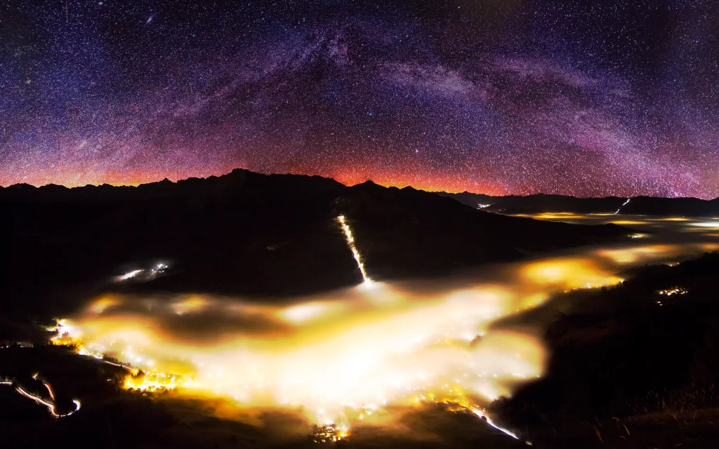 Starry Sky Mountains Mist Lights