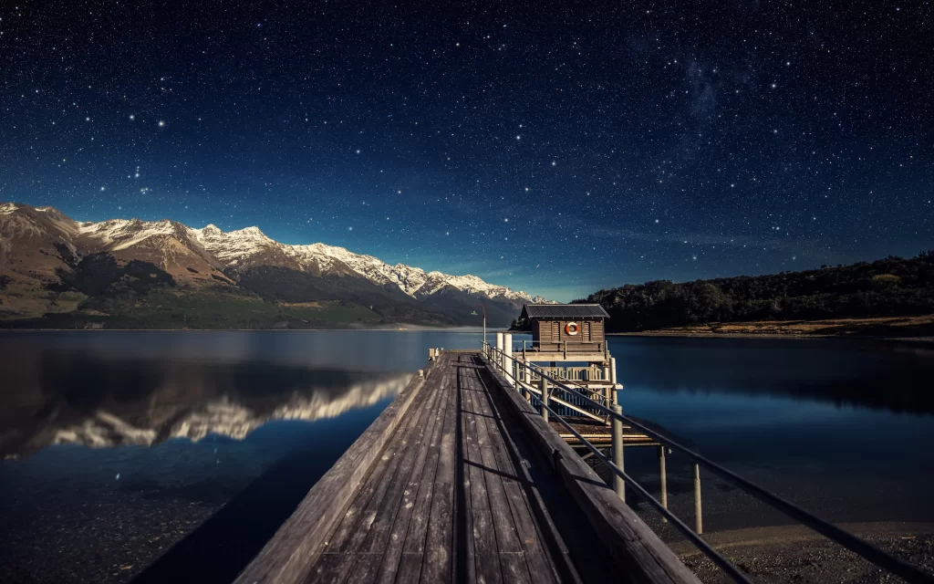 Stars Night Sky Mountains Lake Reflection Pier