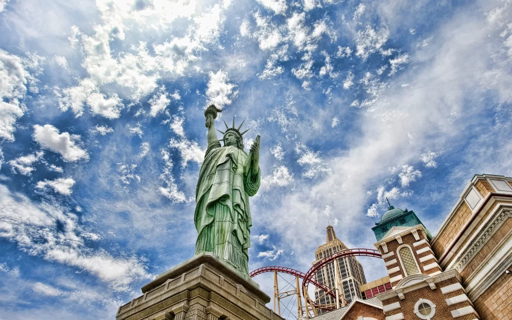 Statue of Liberty Sky Clouds Building Roller Coaster