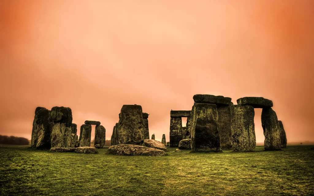 Stonehenge Ancient Monument Landscape Green Grass Orange Sky