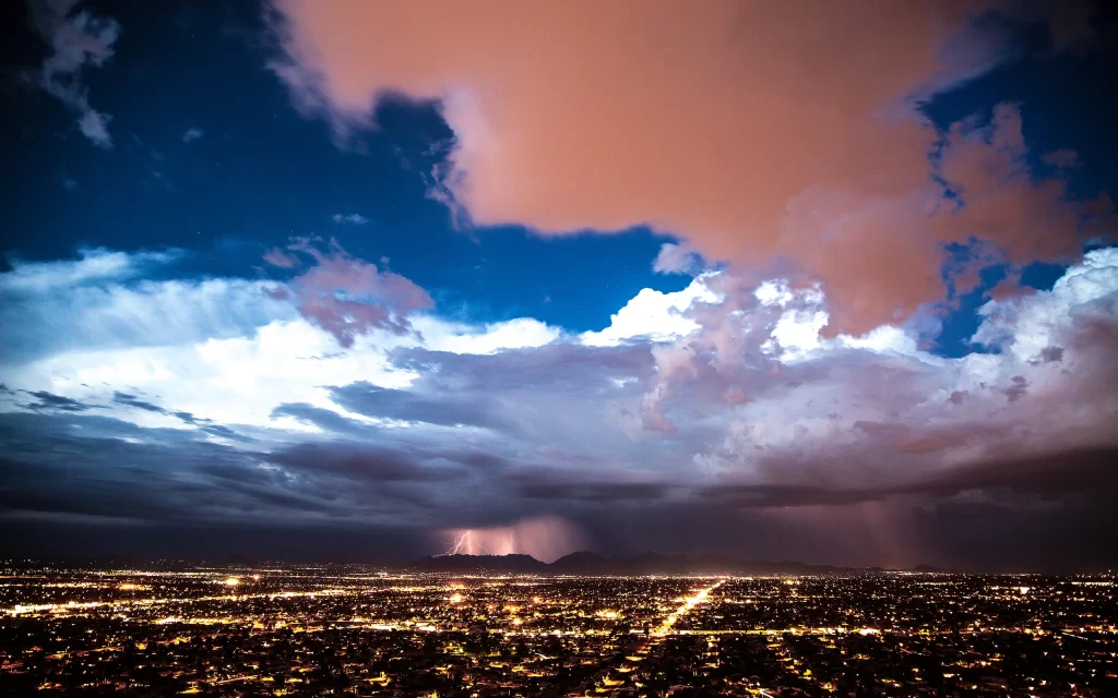 Stormy Sky Lightning Cityscape Illuminated Streets Clouds