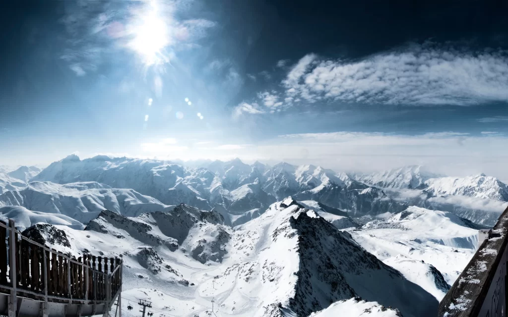 Sunlight Snowy Peaks Mountain Range Clear Sky Clouds