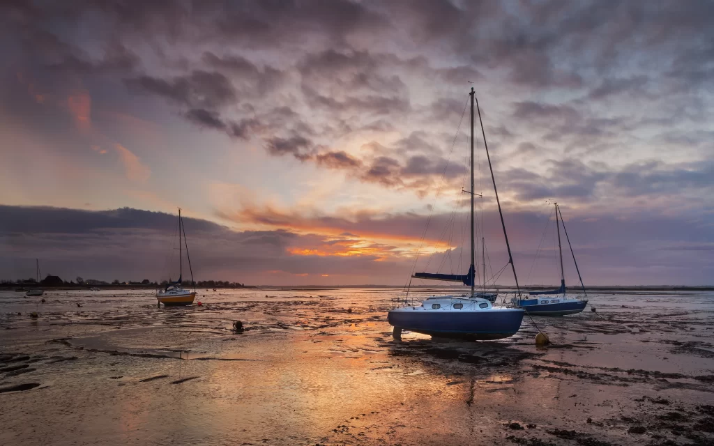Sunset Boats Water Clouds Reflection
