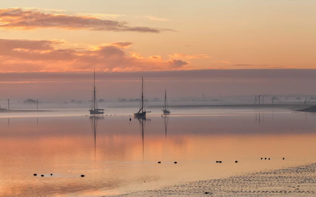 Sunset Boats Water Reflections Clouds