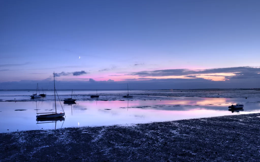 Sunset Boats Water Reflections Sky Clouds