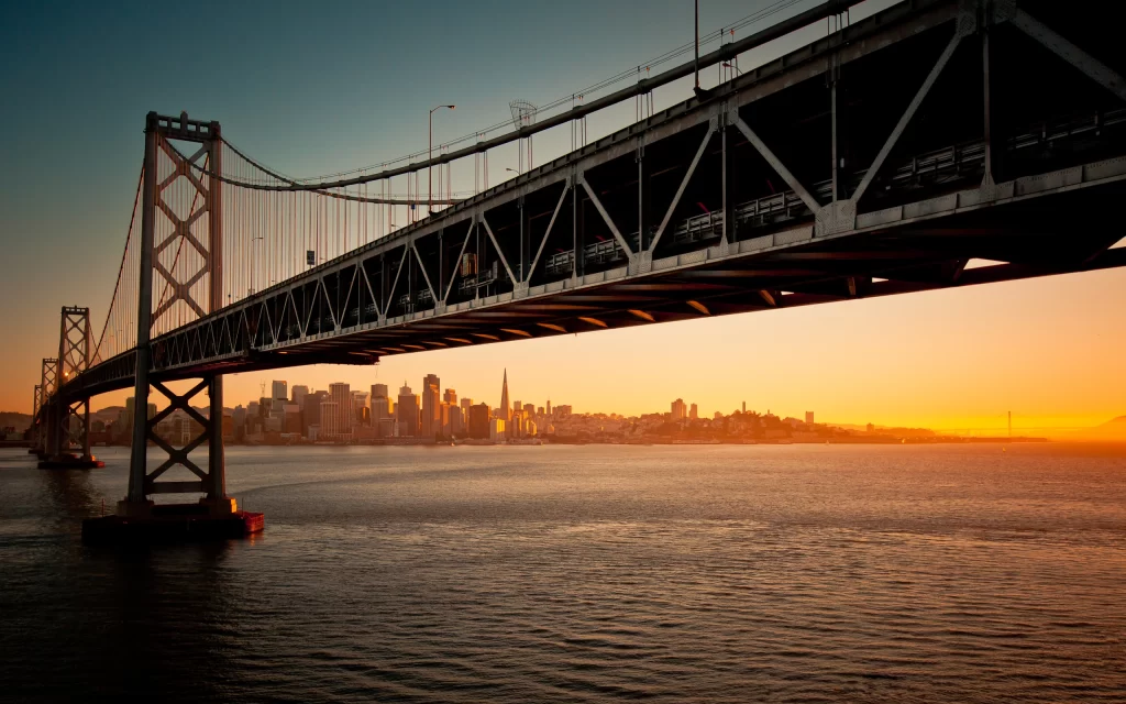 Sunset Bridge Cityscape Water Skyline Reflection