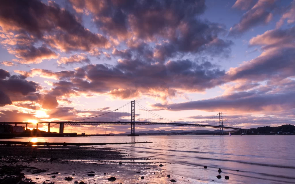 Sunset Bridge Clouds Water Reflection