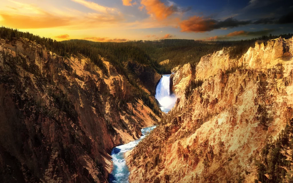 Sunset Canyon Waterfall River Forest Rocky