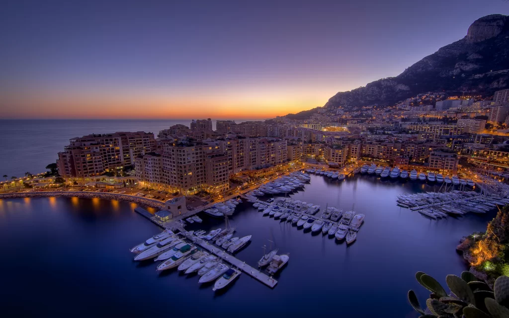 Sunset Cityscape Marina Boats Ocean Mountains