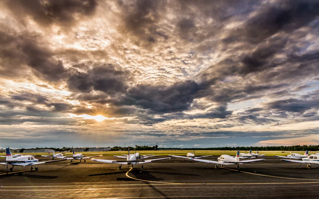 Sunset Clouds Airplanes Runway Skyline Horizon