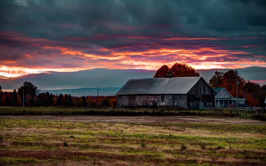 Sunset Clouds Barn Trees Field