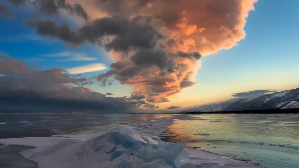 Sunset Clouds Ice Lake Mountains Snow