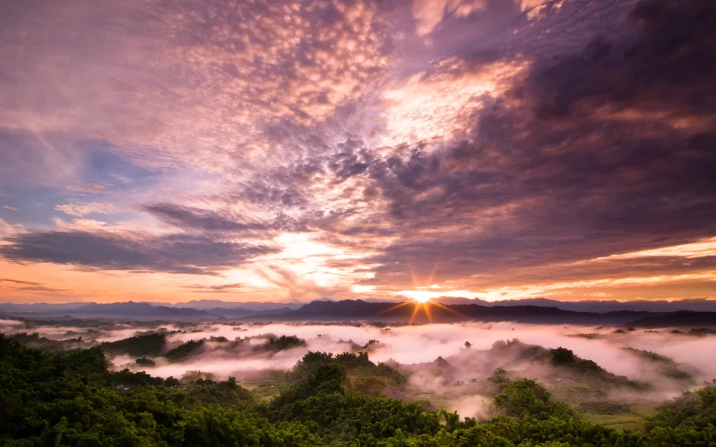 Sunset Clouds Mist Mountains Forest Nature