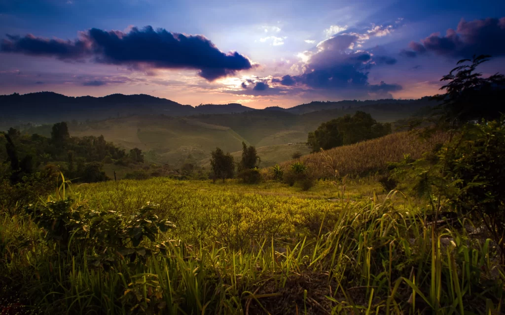 Sunset Clouds Mountains Greenery Fields Nature