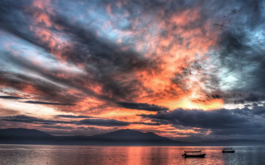 Sunset Clouds Mountains Water Boats