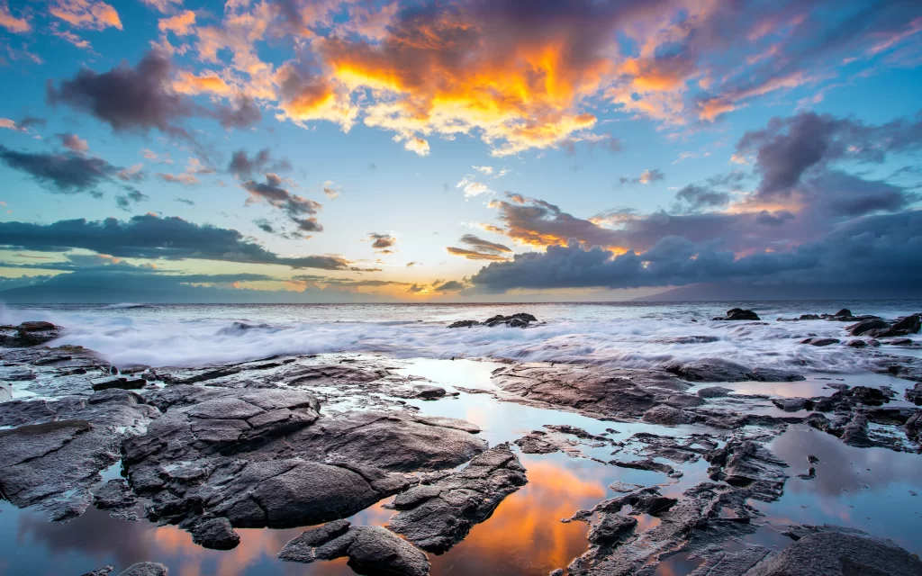 Sunset Clouds Ocean Rocks Reflection